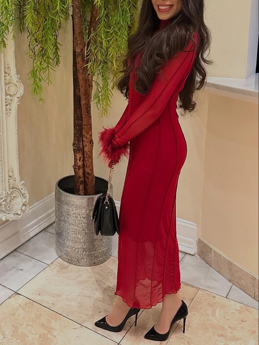 SHEIN Red Mesh Midi Dress with Feather Cuffs